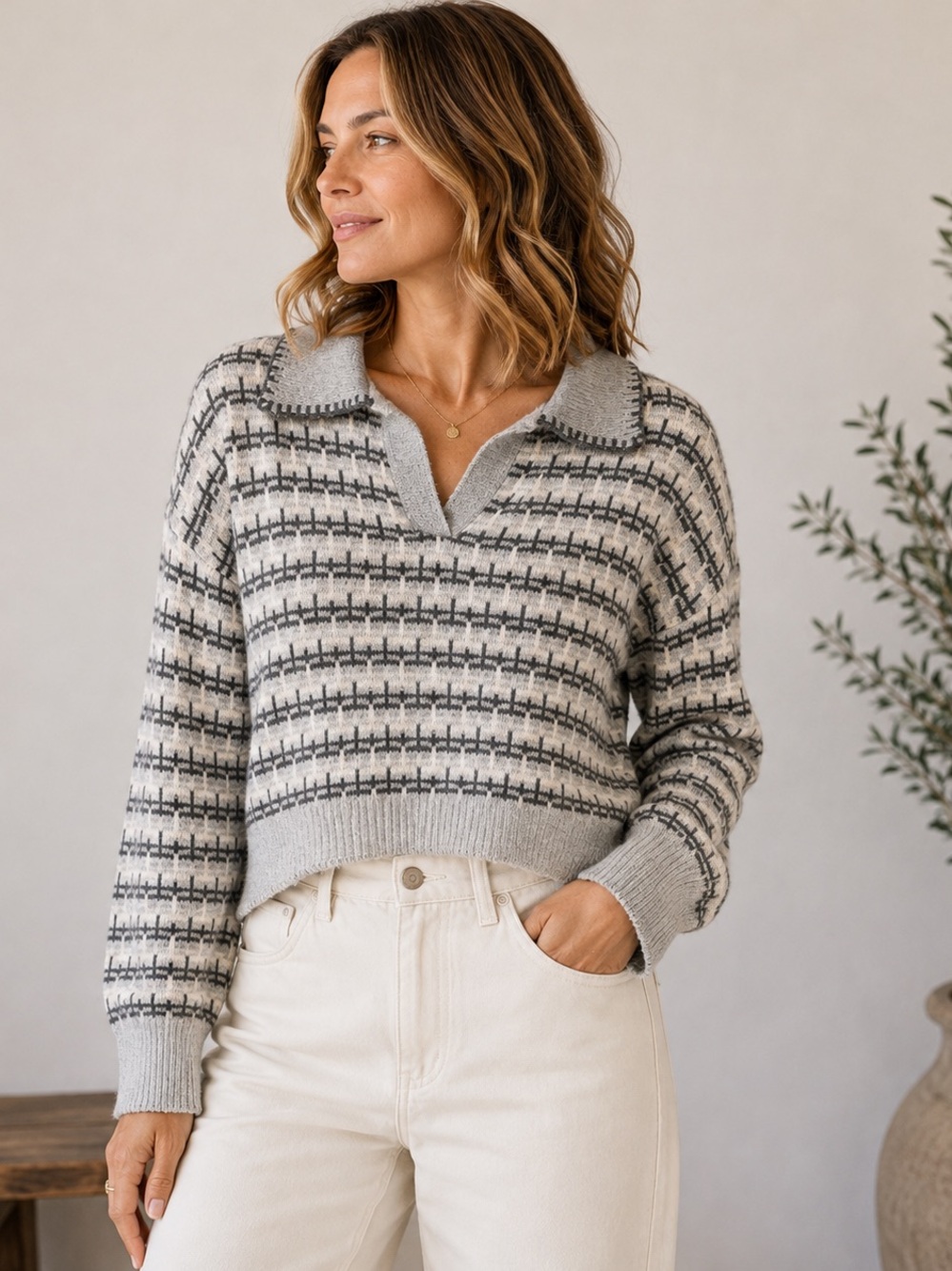 Gray Cream Collared Geometric Knit Sweater Pullover